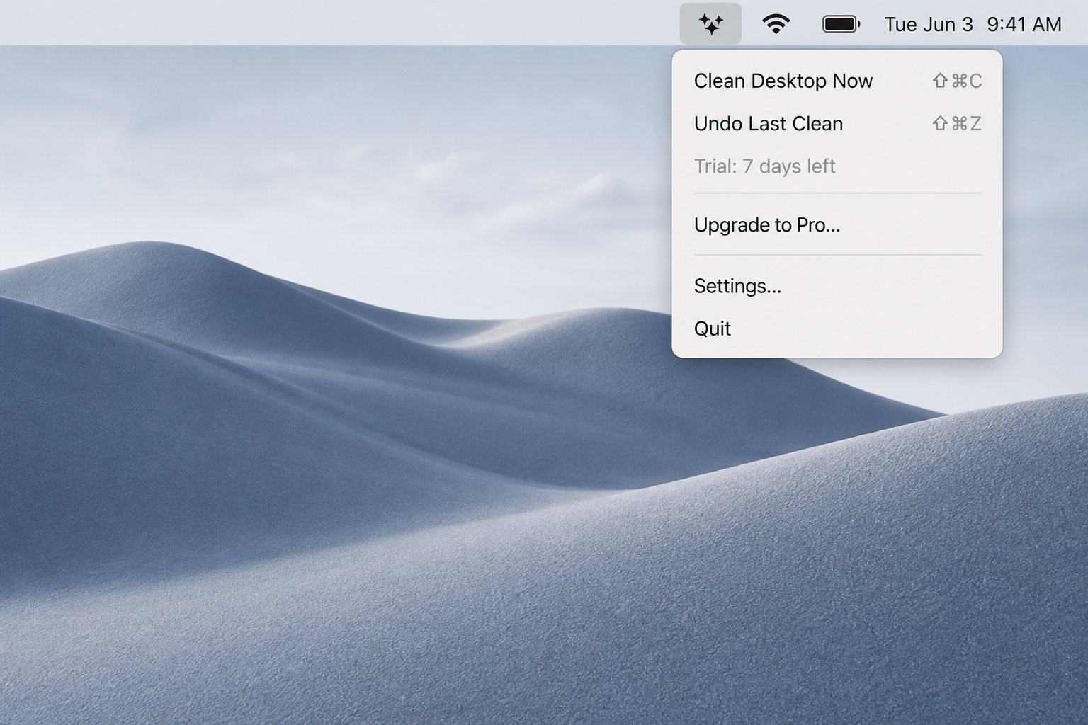 DeskZen menu bar on macOS with Clean Desktop Now, Undo Last Clean, and Upgrade to Pro actions
